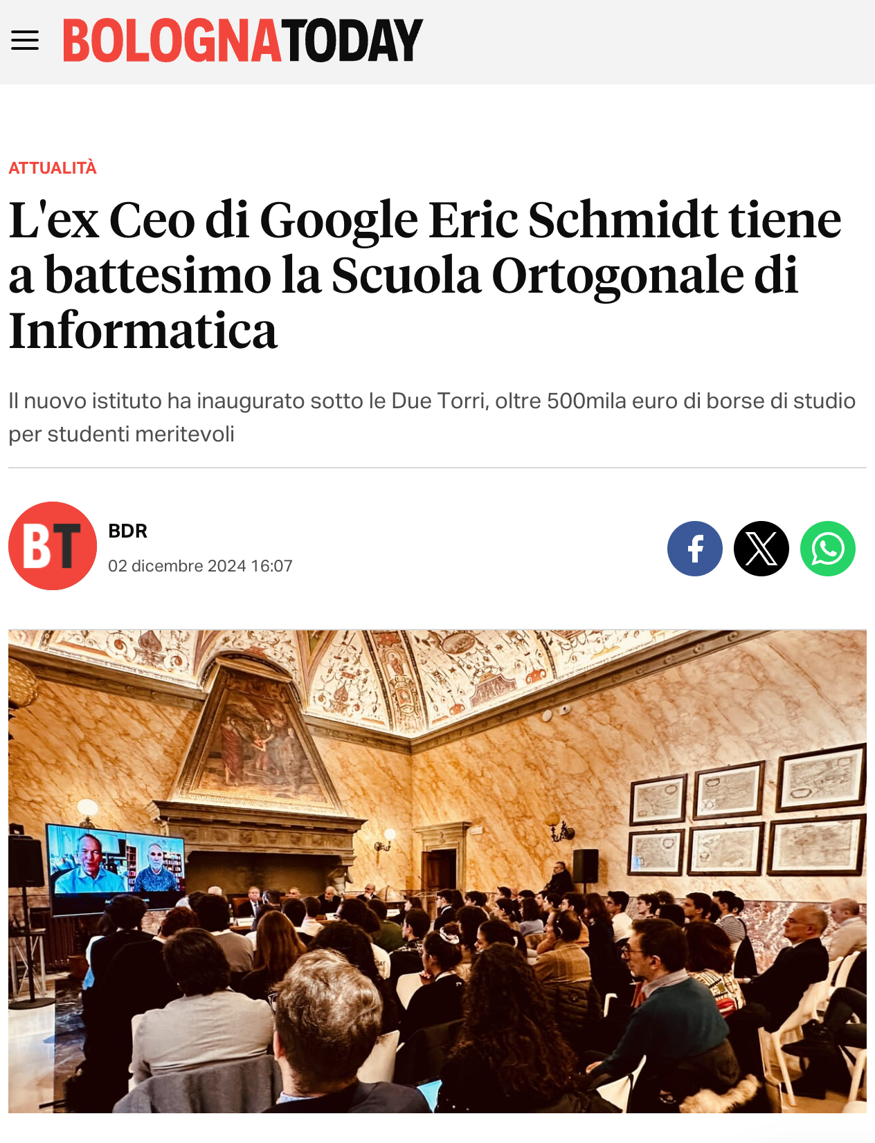 L'ex Ceo di Google Eric Schmidt tiene a battesimo la Scuola Ortogonale di Informatica