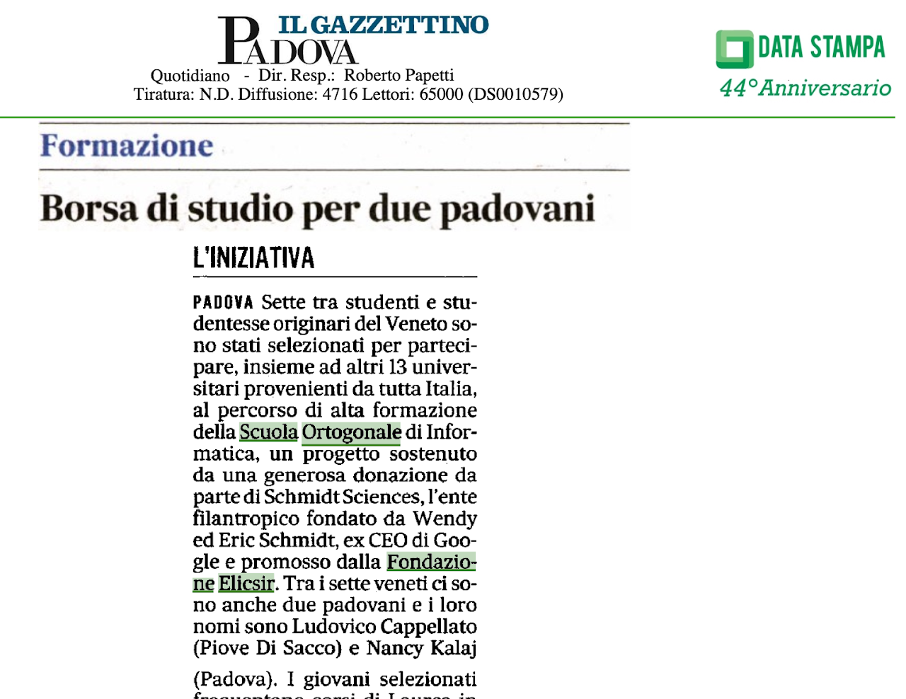 Borsa di studio per due padovani