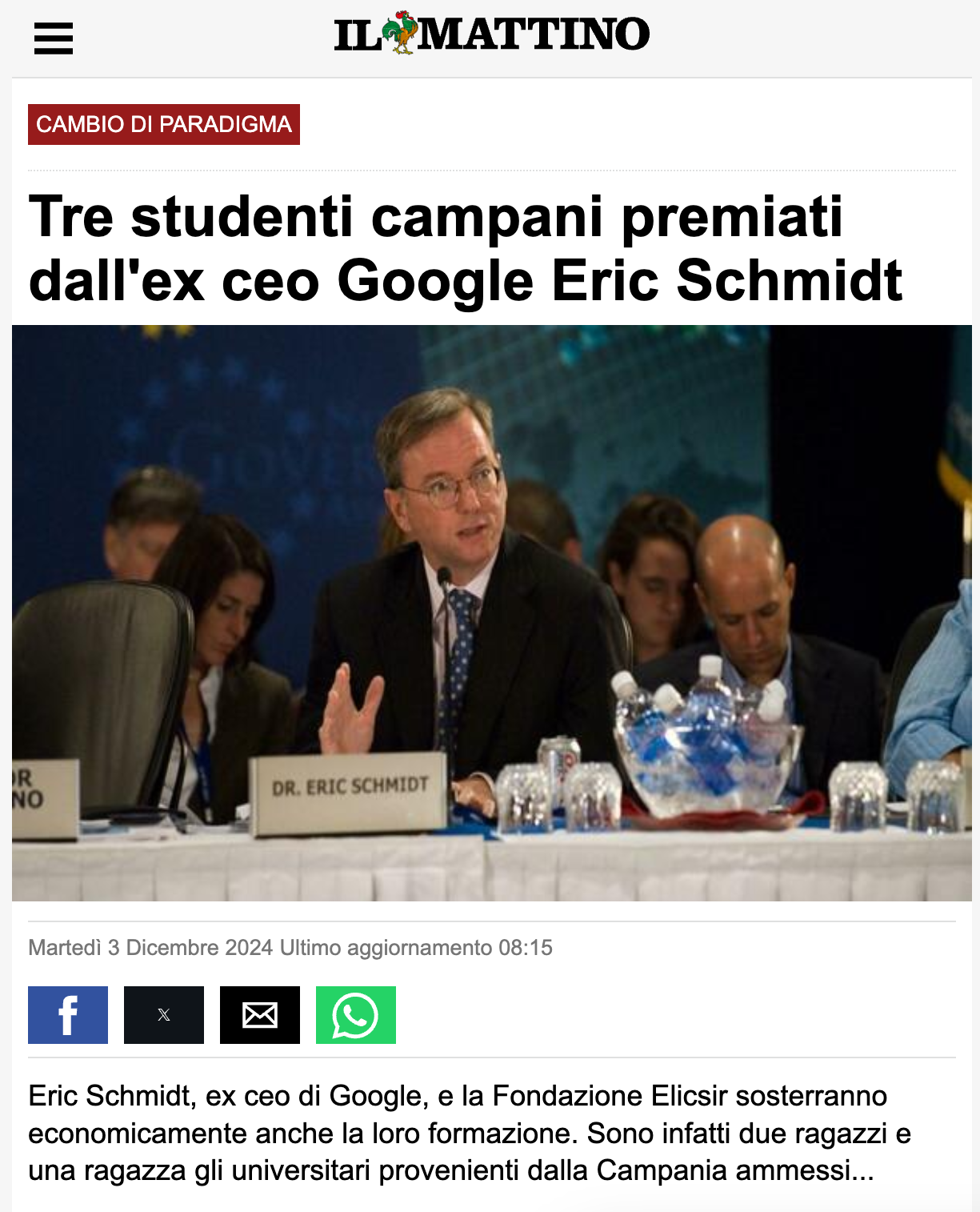 Tre studenti campani premiati dall'ex ceo Google Eric Schmidt
