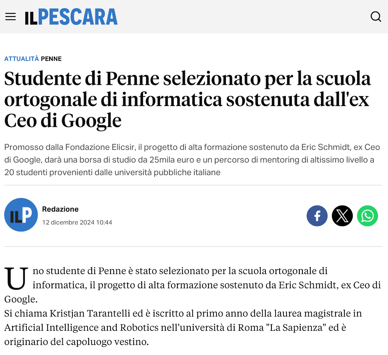 Studente di Penne selezionato per la scuola ortogonale di informatica sostenuta dall'ex Ceo di Google