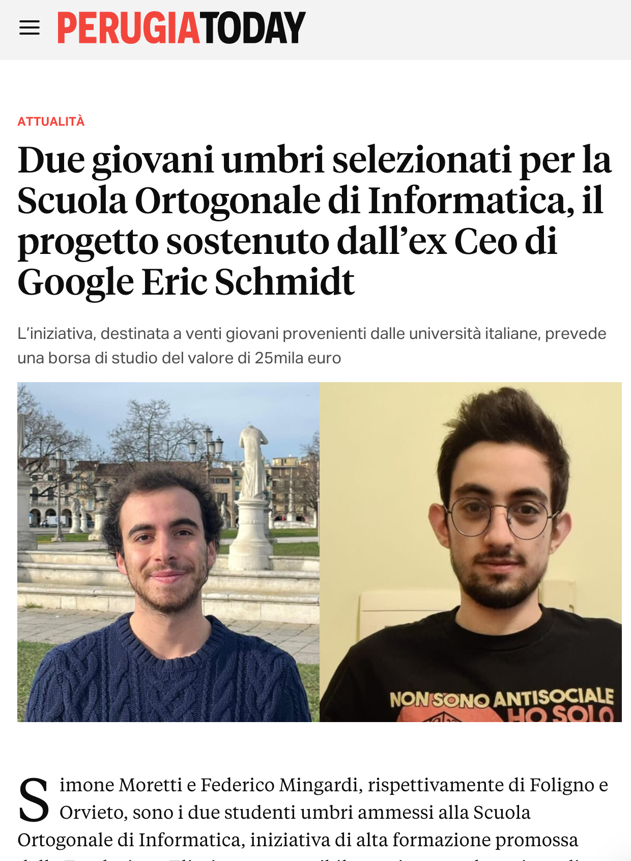 Due giovani umbri selezionati per la Scuola Ortogonale di Informatica, il progetto sostenuto dall’ex Ceo di Google Eric Schmidt